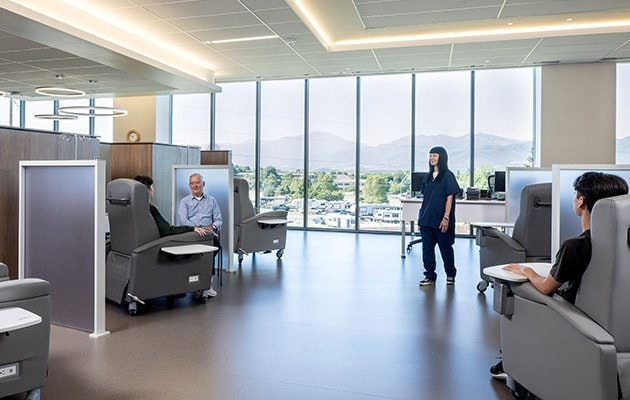 Infusion room with expansive mountain views.