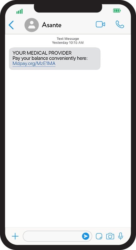 MDpay SMS text message on phone requesting payment.