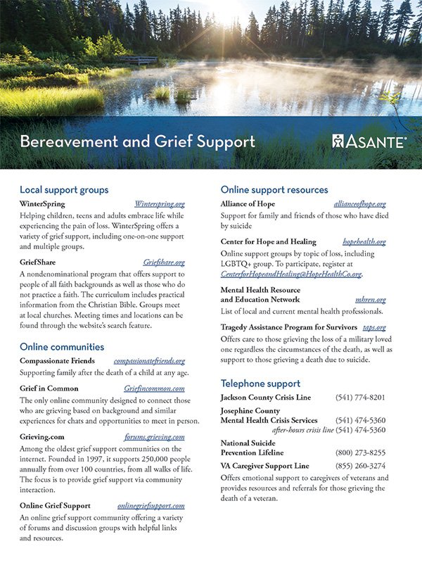 Cover image for Asante's guide to bereavement and grief support resources in Southern Oregon.